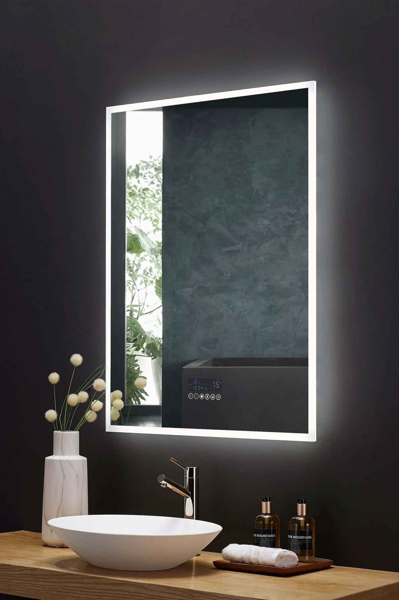 Immersion LED Lighted Bathroom Vanity Mirror with Bluetooth, Defogger, and Digital Display by Ancerre Designs