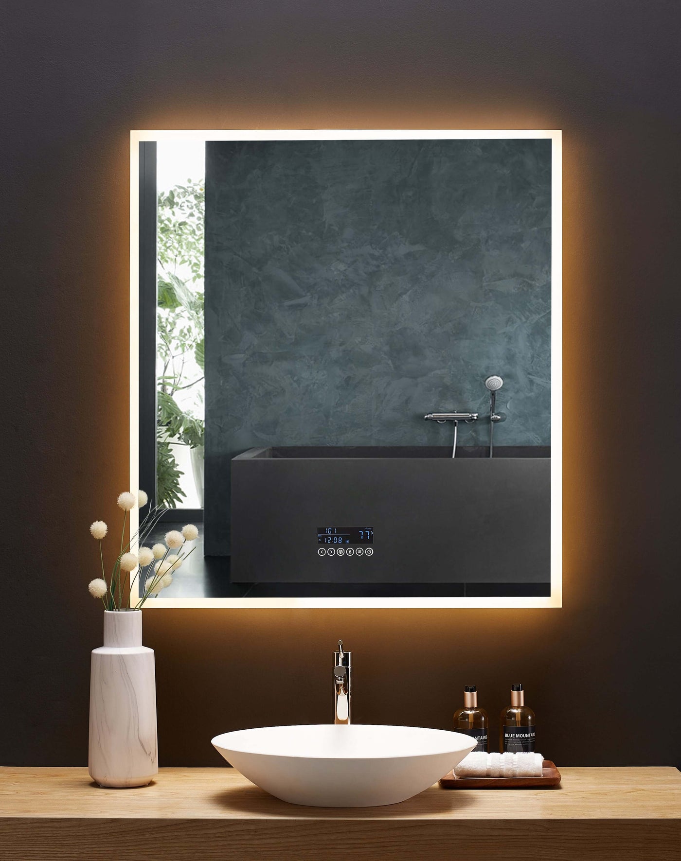Immersion LED Lighted Bathroom Vanity Mirror with Bluetooth, Defogger, and Digital Display by Ancerre Designs
