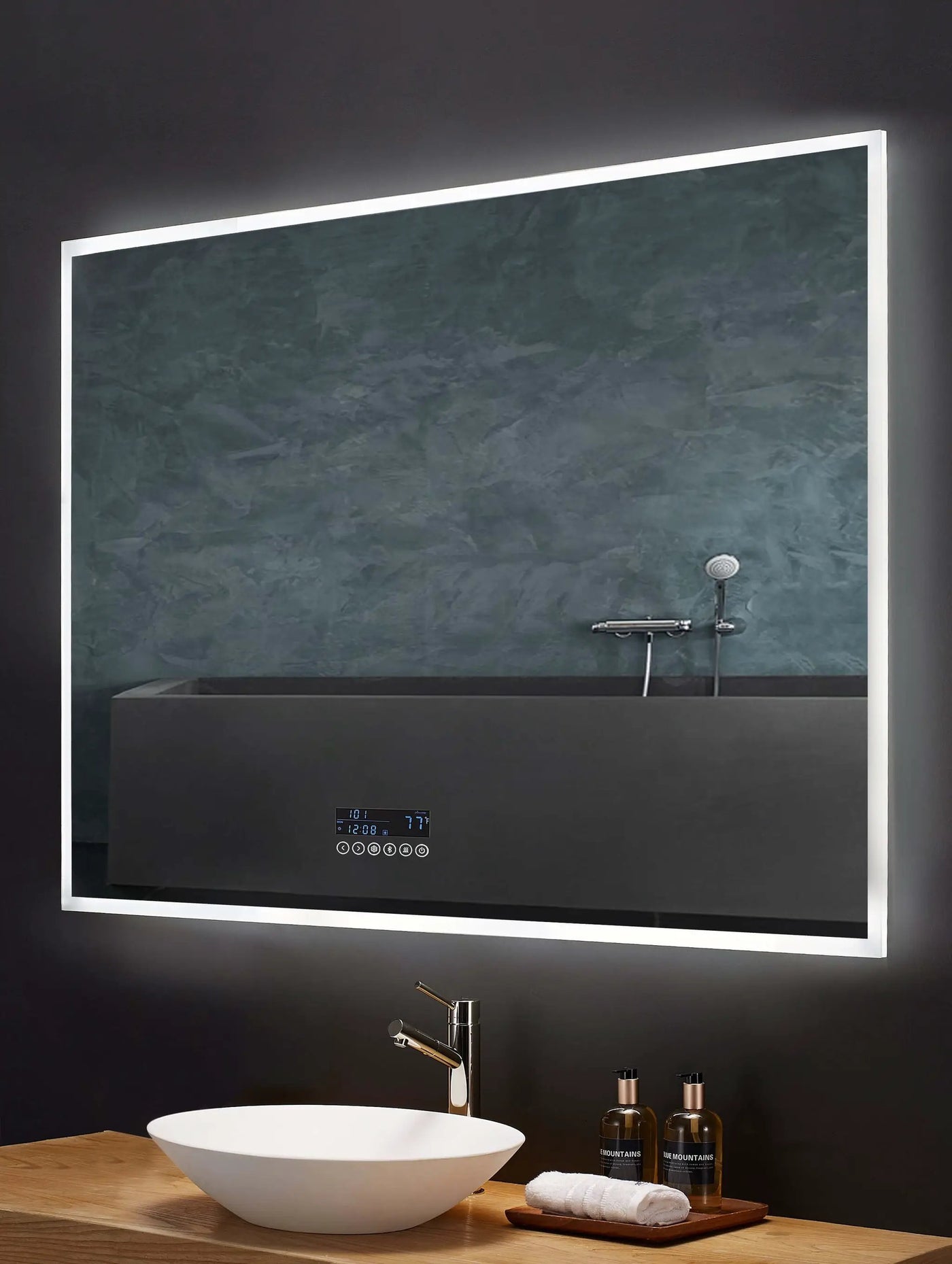 Immersion LED Lighted Bathroom Vanity Mirror with Bluetooth, Defogger, and Digital Display by Ancerre Designs
