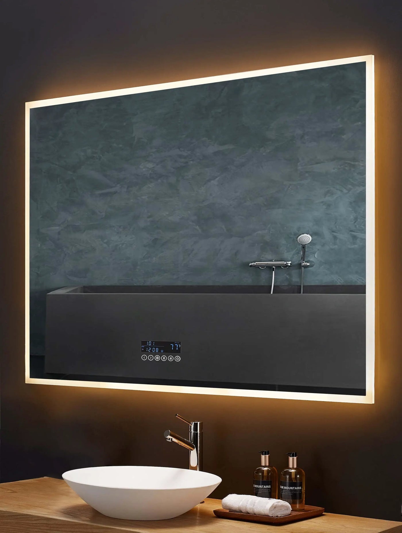 Immersion LED Lighted Bathroom Vanity Mirror with Bluetooth, Defogger, and Digital Display by Ancerre Designs