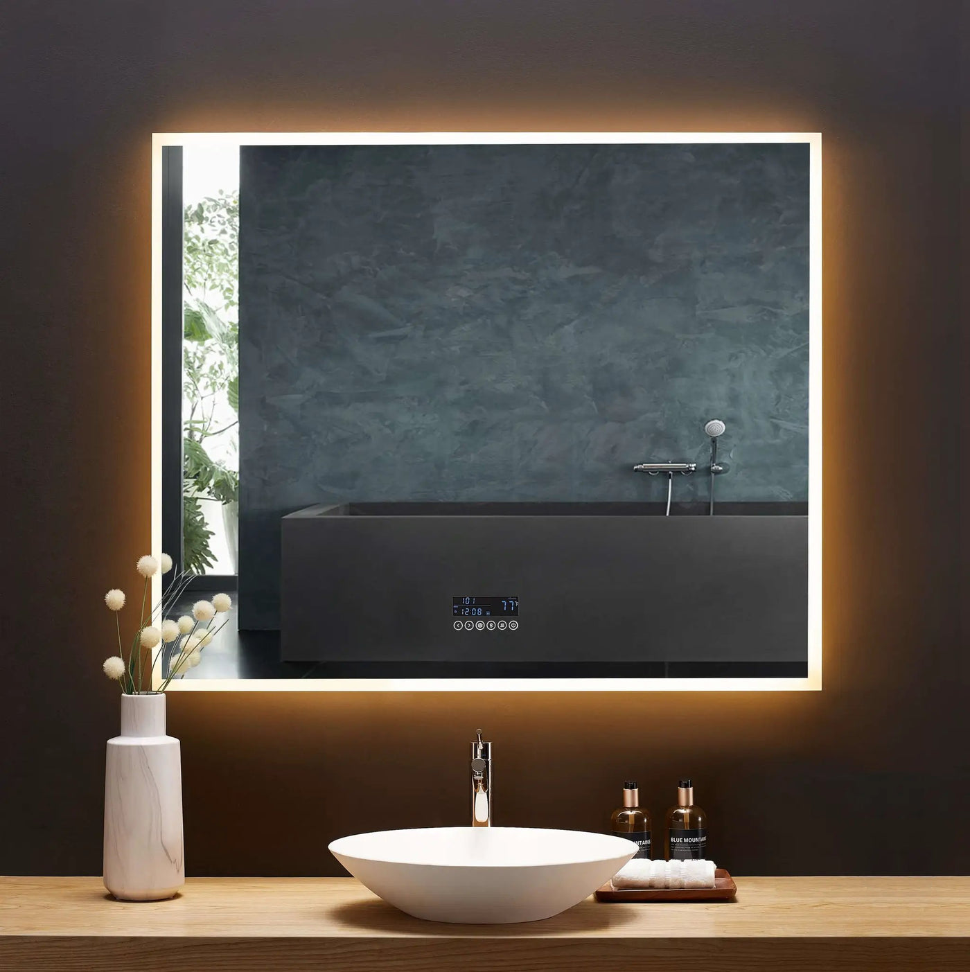 Immersion LED Lighted Bathroom Vanity Mirror with Bluetooth, Defogger, and Digital Display by Ancerre Designs
