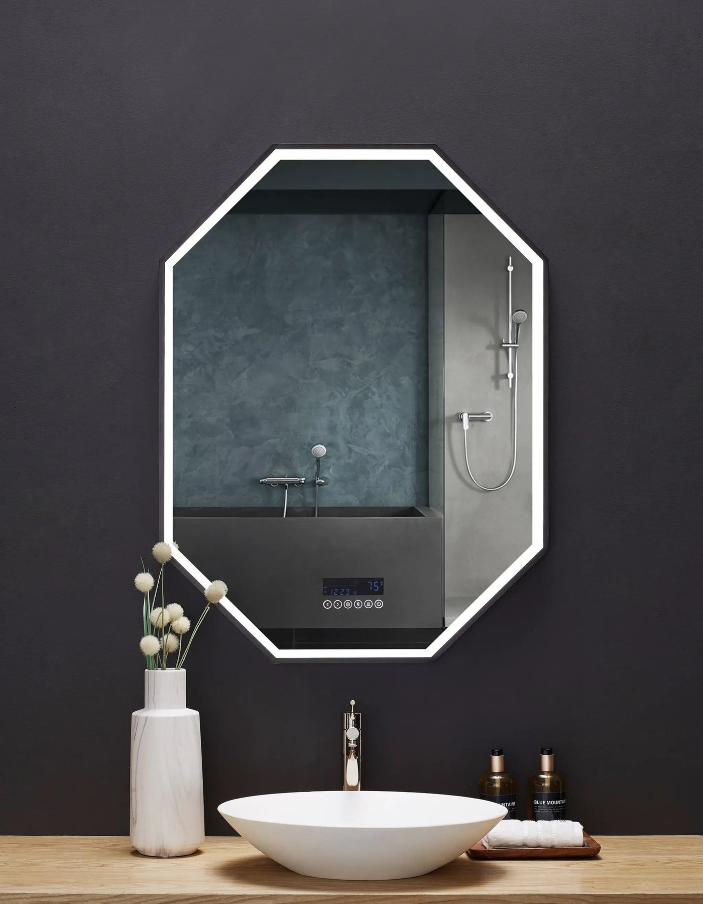 Otto LED Octagon Black Framed Lighted Bathroom Vanity Mirror with Bluetooth and Digital Display by Ancerre Designs