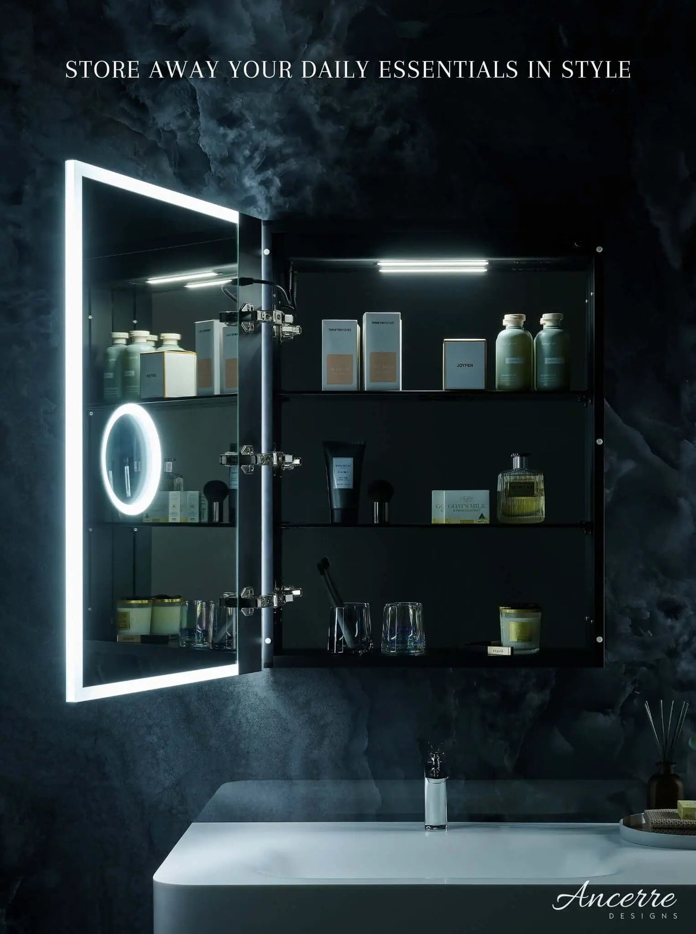 Pagani LED Mirror Cabinet with Defogger, Dimmer, Magnifier & USB outlet by Ancerre Designs