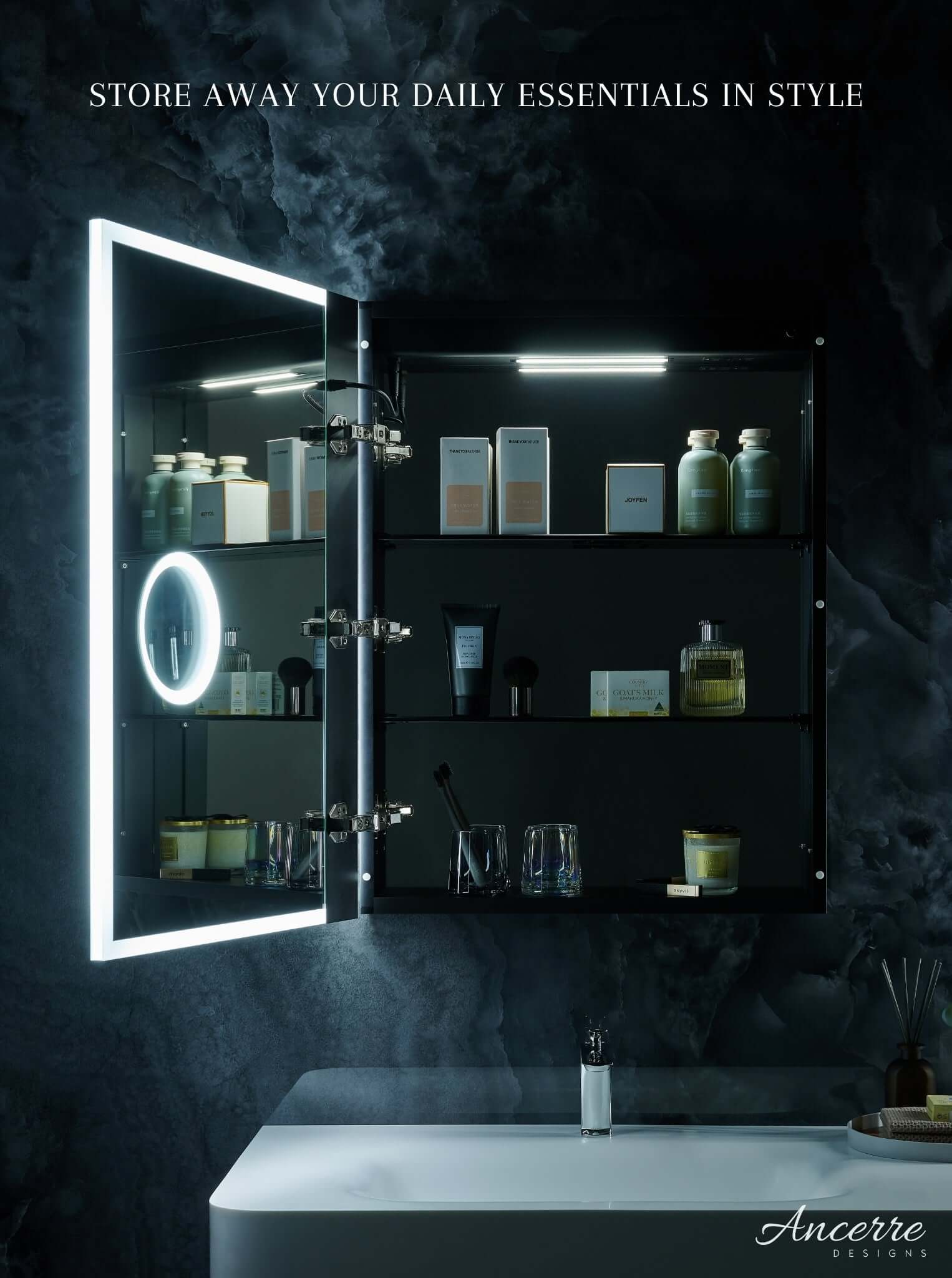 Pagani LED Mirror Cabinet with Defogger, Dimmer, Magnifier & USB outlet by Ancerre Designs