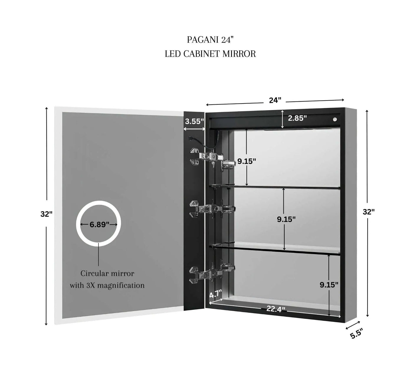 Pagani LED Mirror Cabinet with Defogger, Dimmer, Magnifier & USB outlet by Ancerre Designs