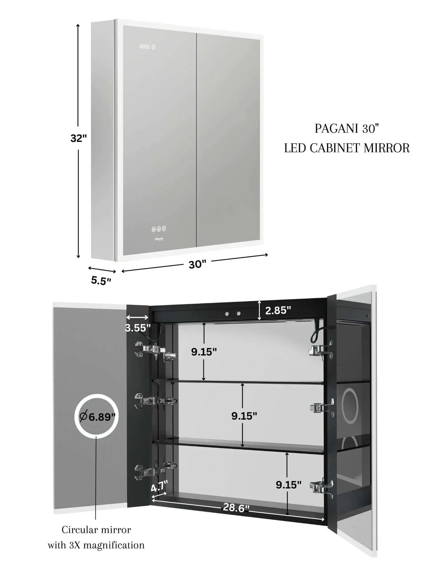 Pagani LED Mirror Cabinet with Defogger, Dimmer, Magnifier & USB outlet by Ancerre Designs