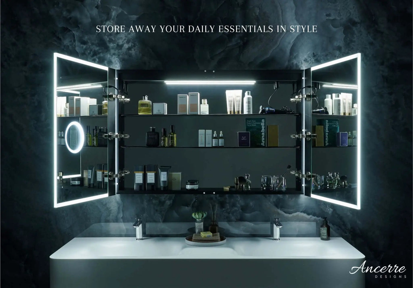 Pagani LED Mirror Cabinet with Defogger, Dimmer, Magnifier & USB outlet by Ancerre Designs