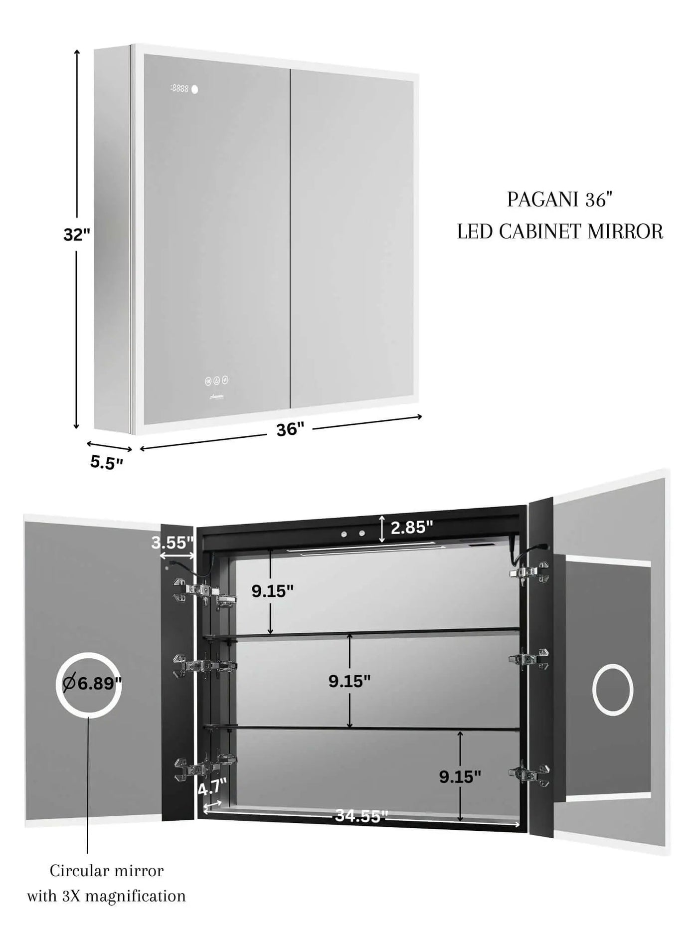 Pagani LED Mirror Cabinet with Defogger, Dimmer, Magnifier & USB outlet by Ancerre Designs