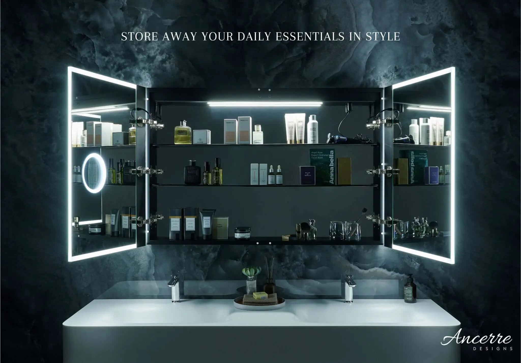 Pagani LED Mirror Cabinet with Defogger, Dimmer, Magnifier & USB outlet by Ancerre Designs
