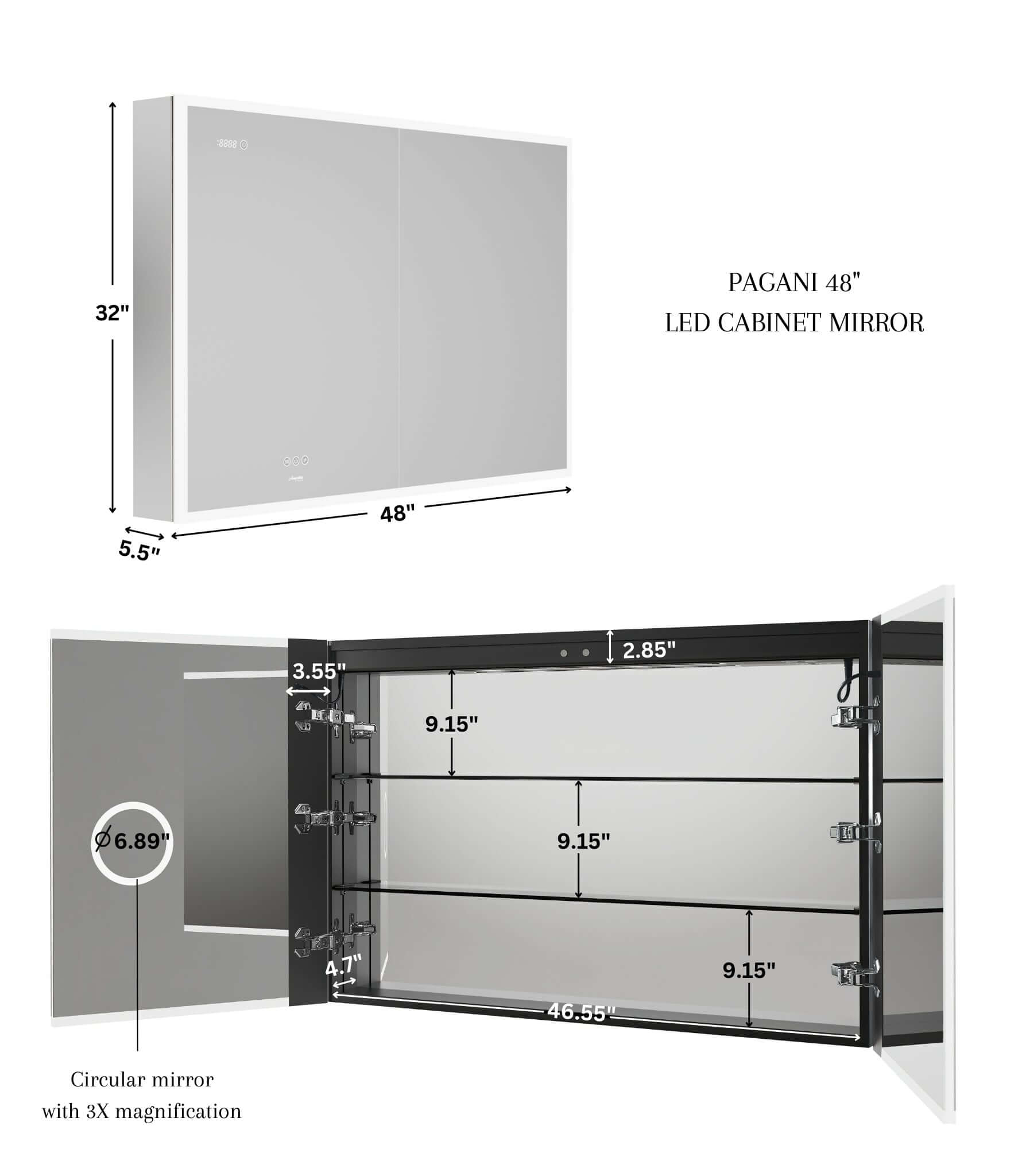 Pagani LED Mirror Cabinet with Defogger, Dimmer, Magnifier & USB outlet by Ancerre Designs