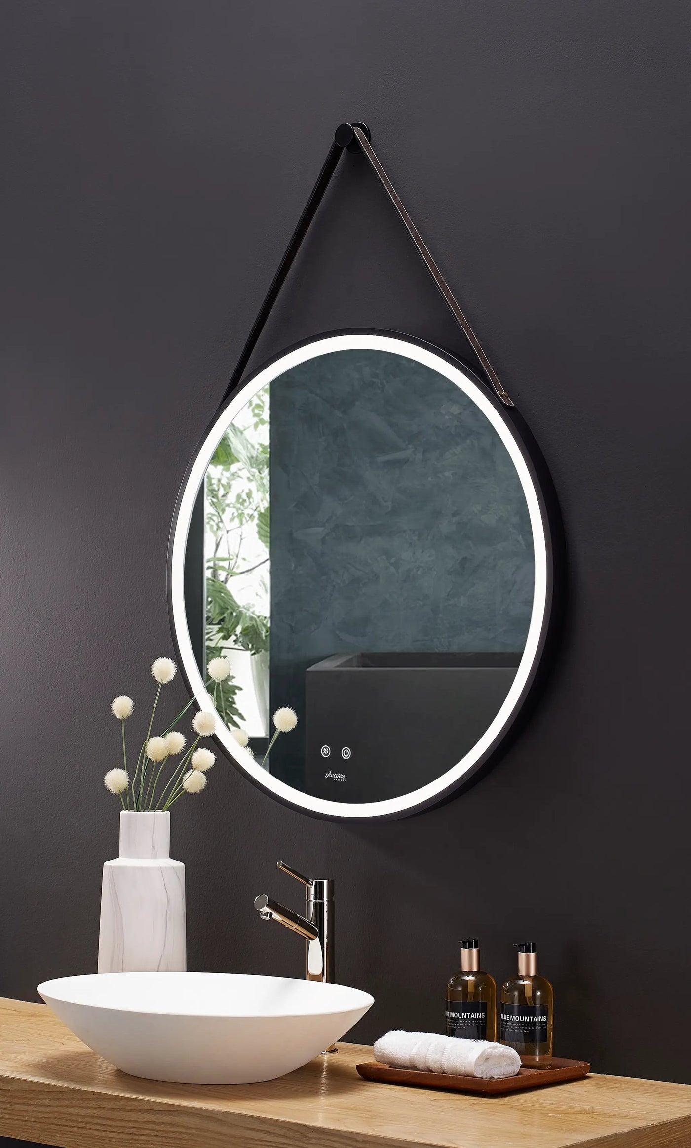 Sangle Round LED Mirror Black Framed Lighted Bathroom Vanity Mirror and Vegan Leather Strap by Ancerre Designs