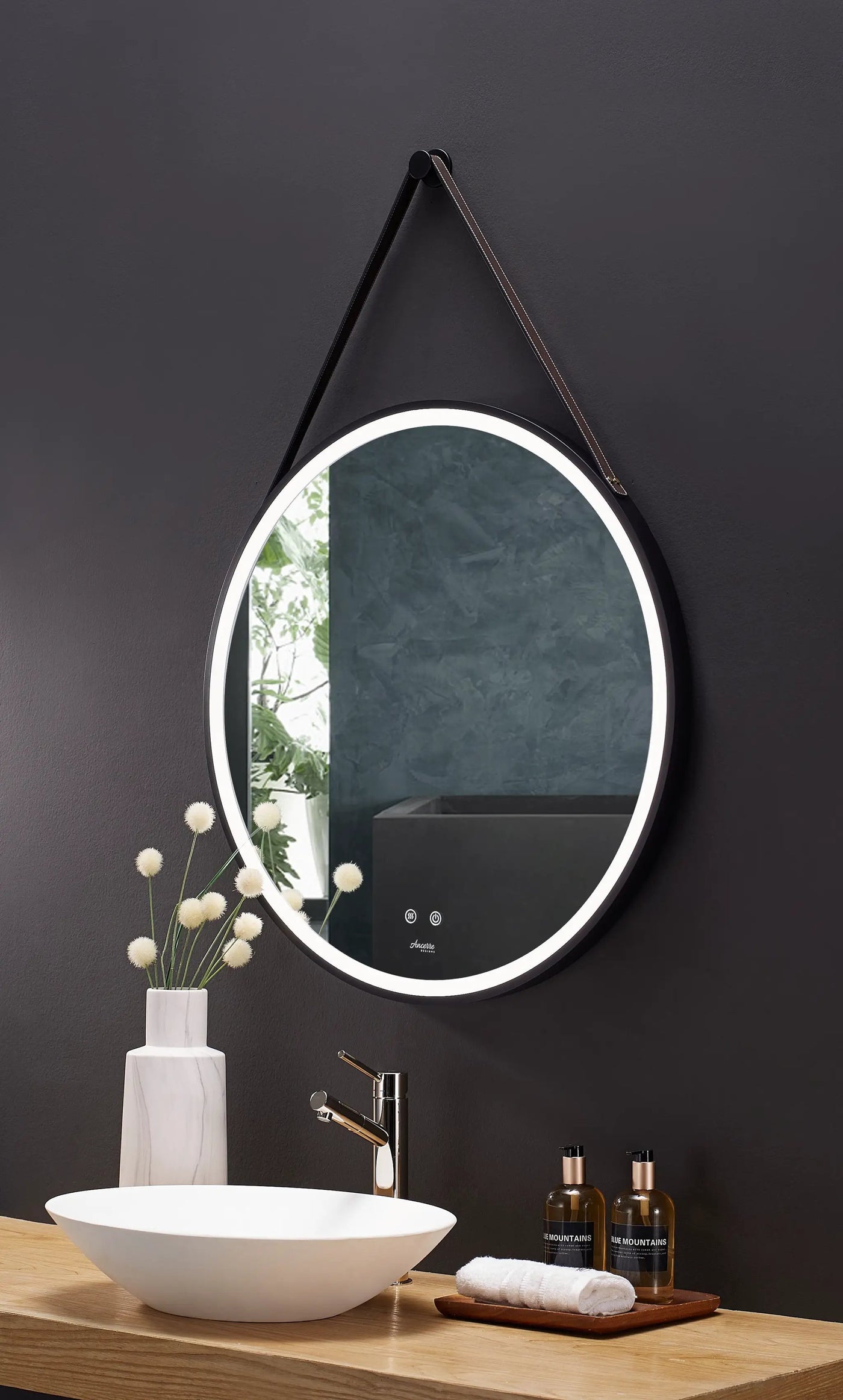 Sangle Round LED Mirror Black Framed Lighted Bathroom Vanity Mirror and Vegan Leather Strap by Ancerre Designs