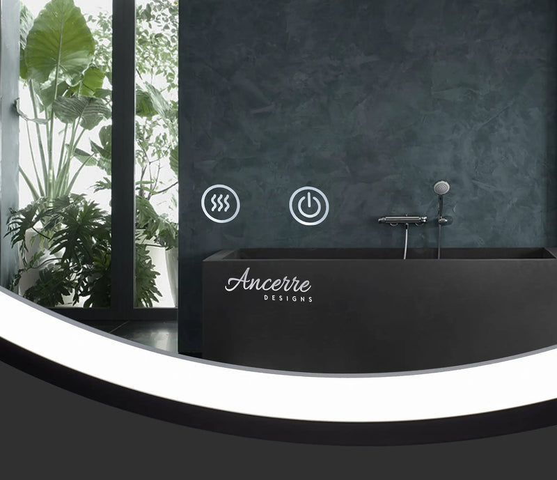 Sangle Round LED Mirror Black Framed Lighted Bathroom Vanity Mirror and Vegan Leather Strap by Ancerre Designs