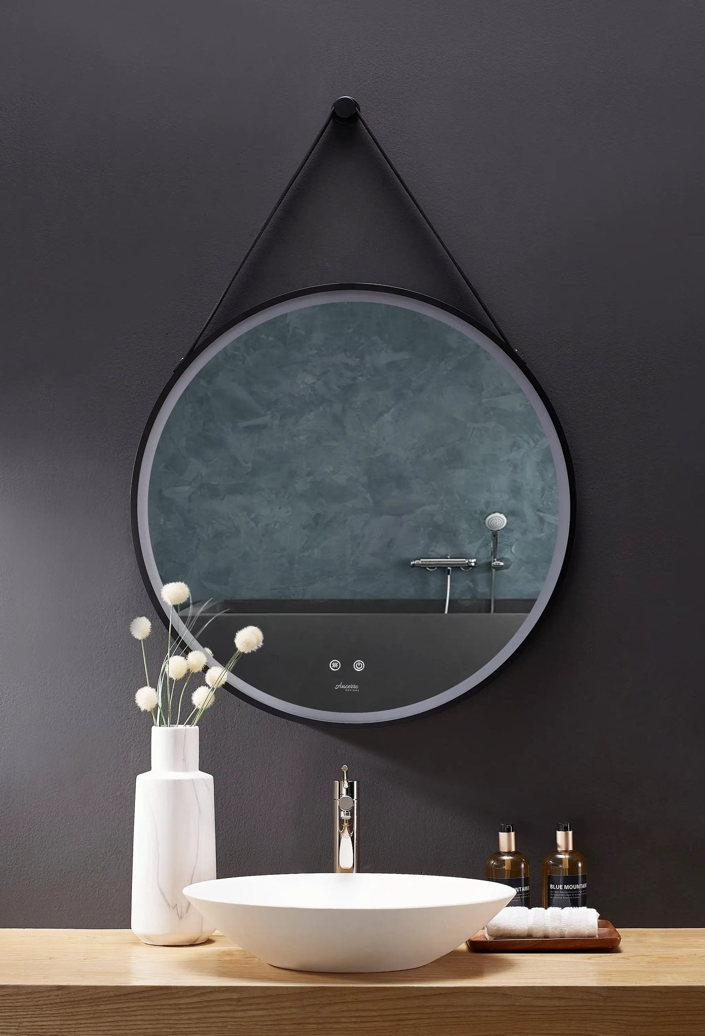 Sangle Round LED Mirror Black Framed Lighted Bathroom Vanity Mirror and Vegan Leather Strap by Ancerre Designs