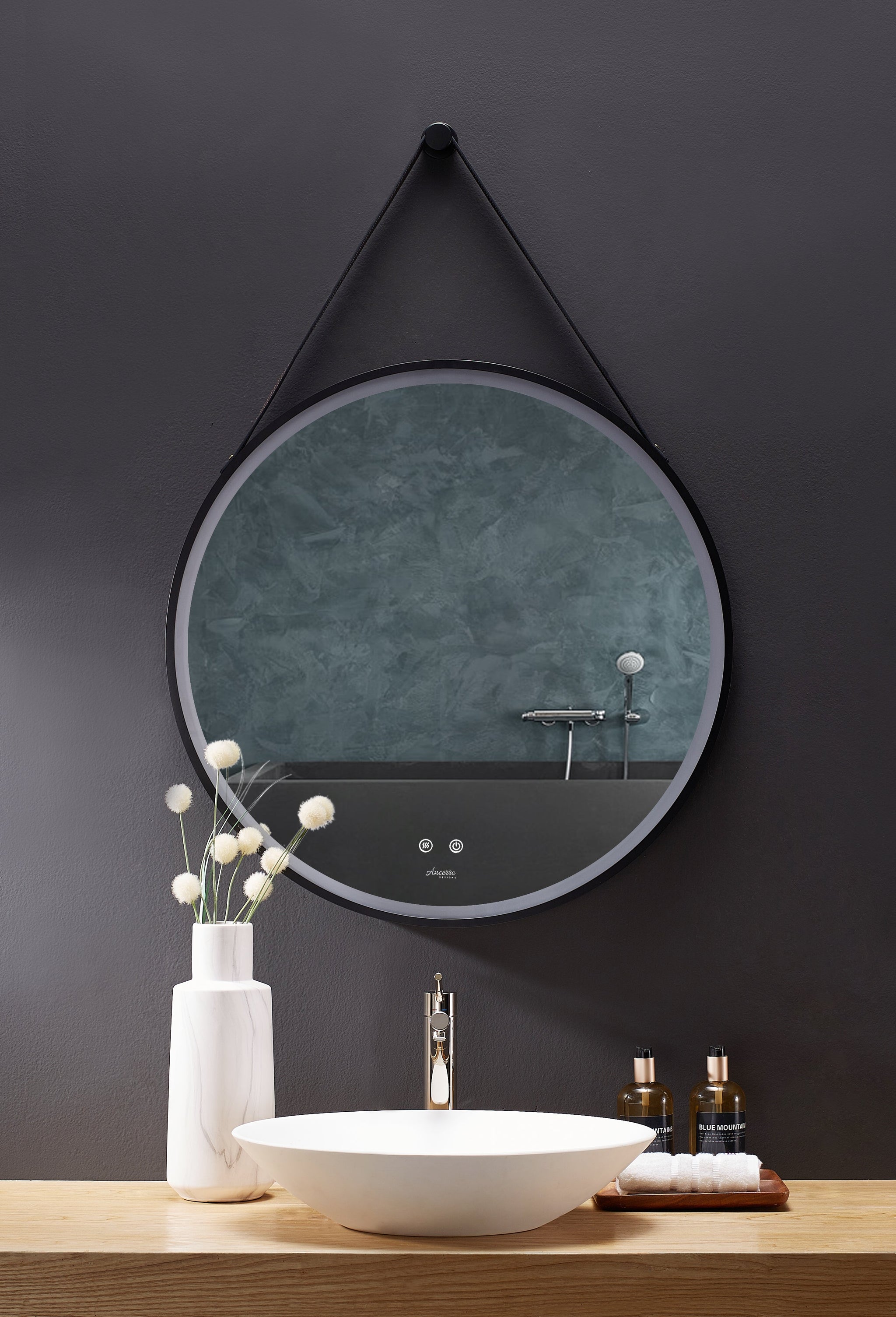 Sangle Round LED Mirror Black Framed Lighted Bathroom Vanity Mirror and Vegan Leather Strap by Ancerre Designs