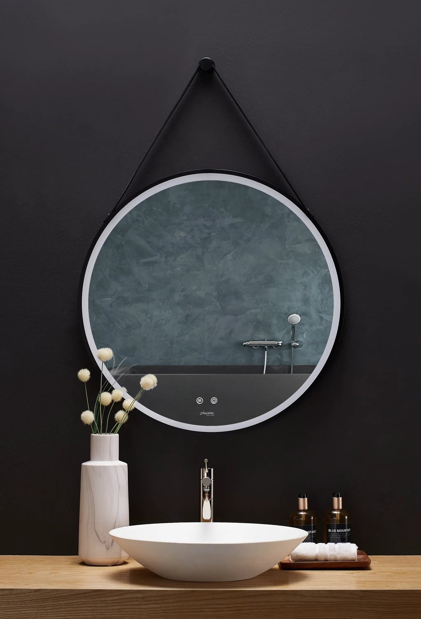 Sangle Round LED Mirror Black Framed Lighted Bathroom Vanity Mirror and Vegan Leather Strap by Ancerre Designs