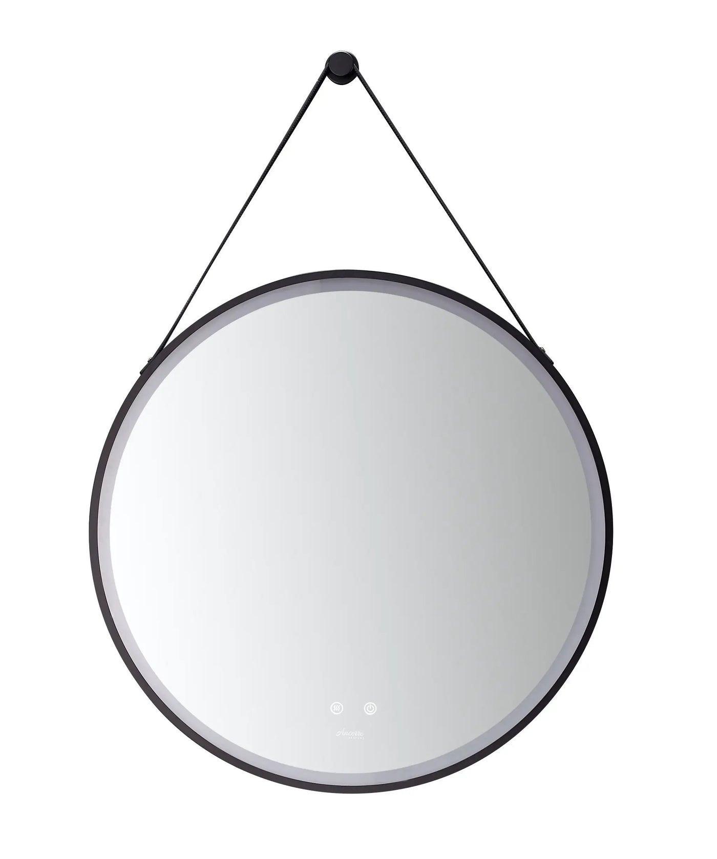 Sangle Round LED Mirror Black Framed Lighted Bathroom Vanity Mirror and Vegan Leather Strap by Ancerre Designs
