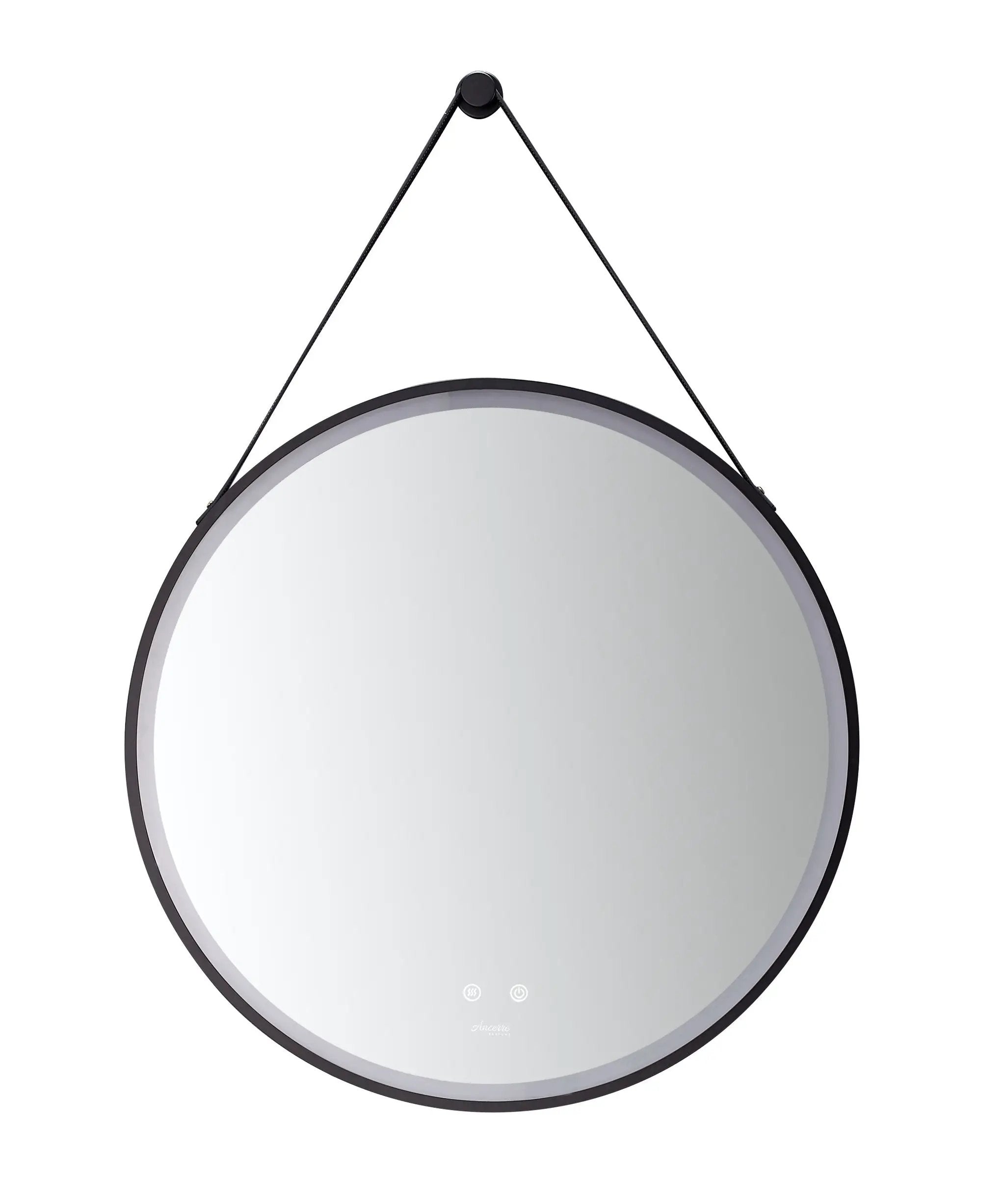 Sangle Round LED Mirror Black Framed Lighted Bathroom Vanity Mirror and Vegan Leather Strap by Ancerre Designs