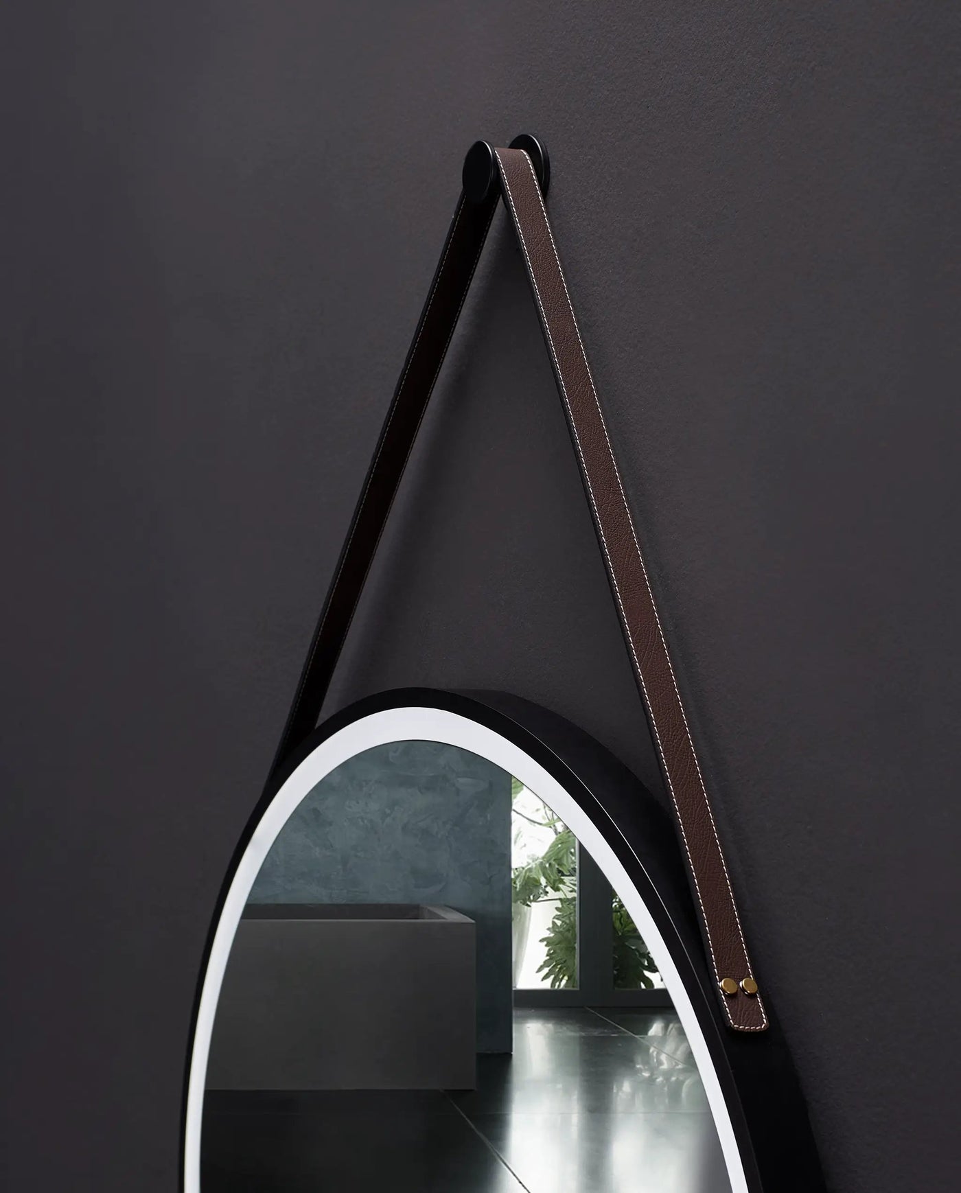 Sangle Round LED Mirror Black Framed Lighted Bathroom Vanity Mirror and Vegan Leather Strap by Ancerre Designs