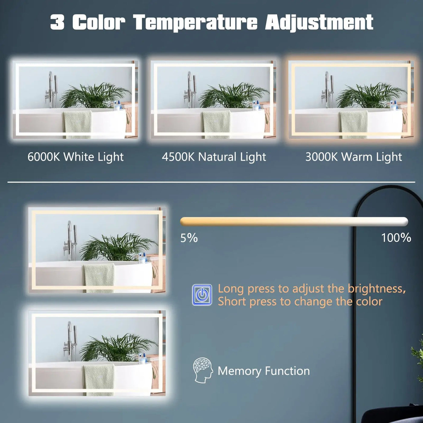 LED Bathroom Mirror Wall Mounted Rectangle Mirror with 3-Color Dimmable Lights by DirectDeals