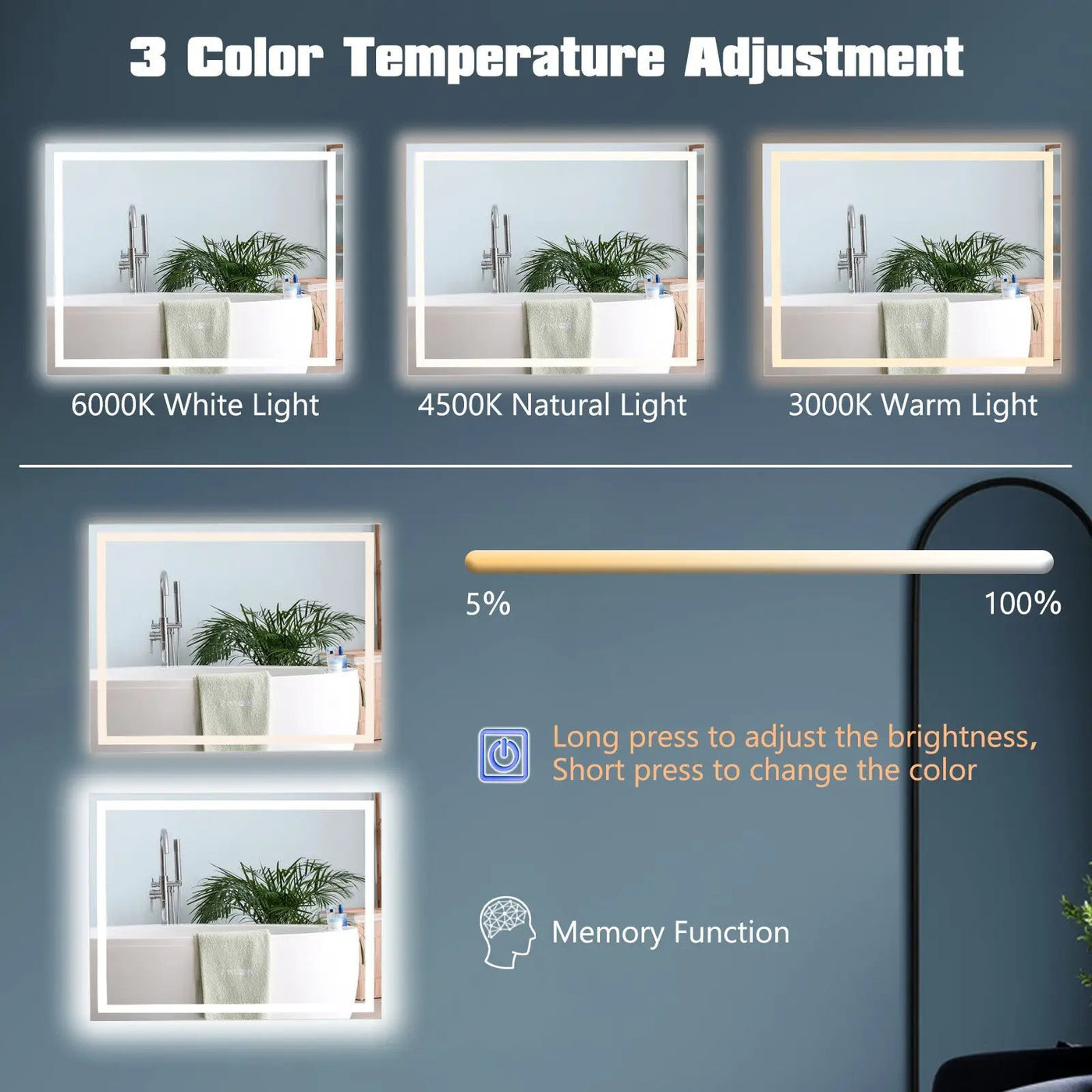 LED Bathroom Mirror Wall Mounted Rectangle Mirror with 3-Color Dimmable Lights by DirectDeals