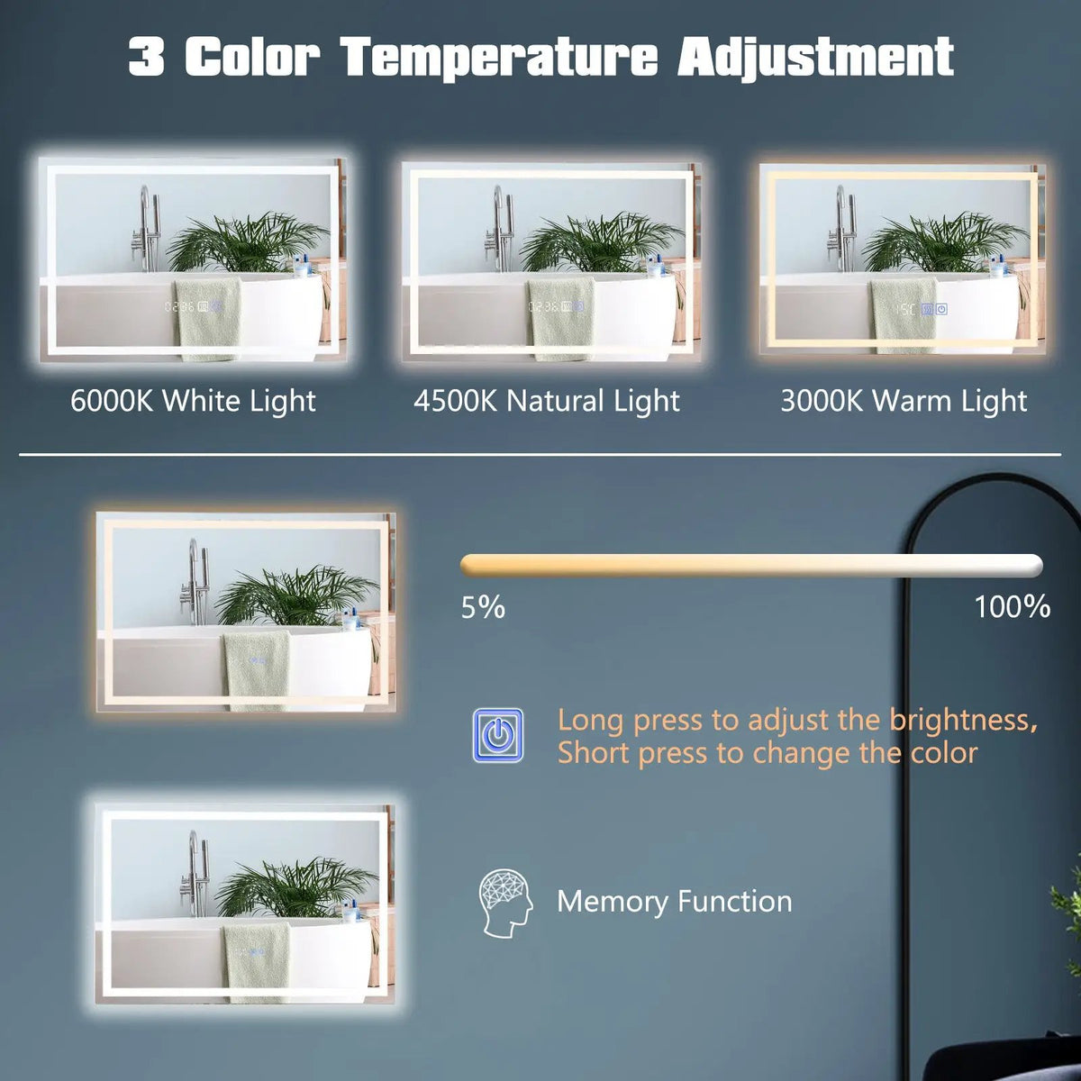 LED Bathroom Mirror Wall Mounted Rectangle Mirror with 3-Color Dimmable Lights by DirectDeals