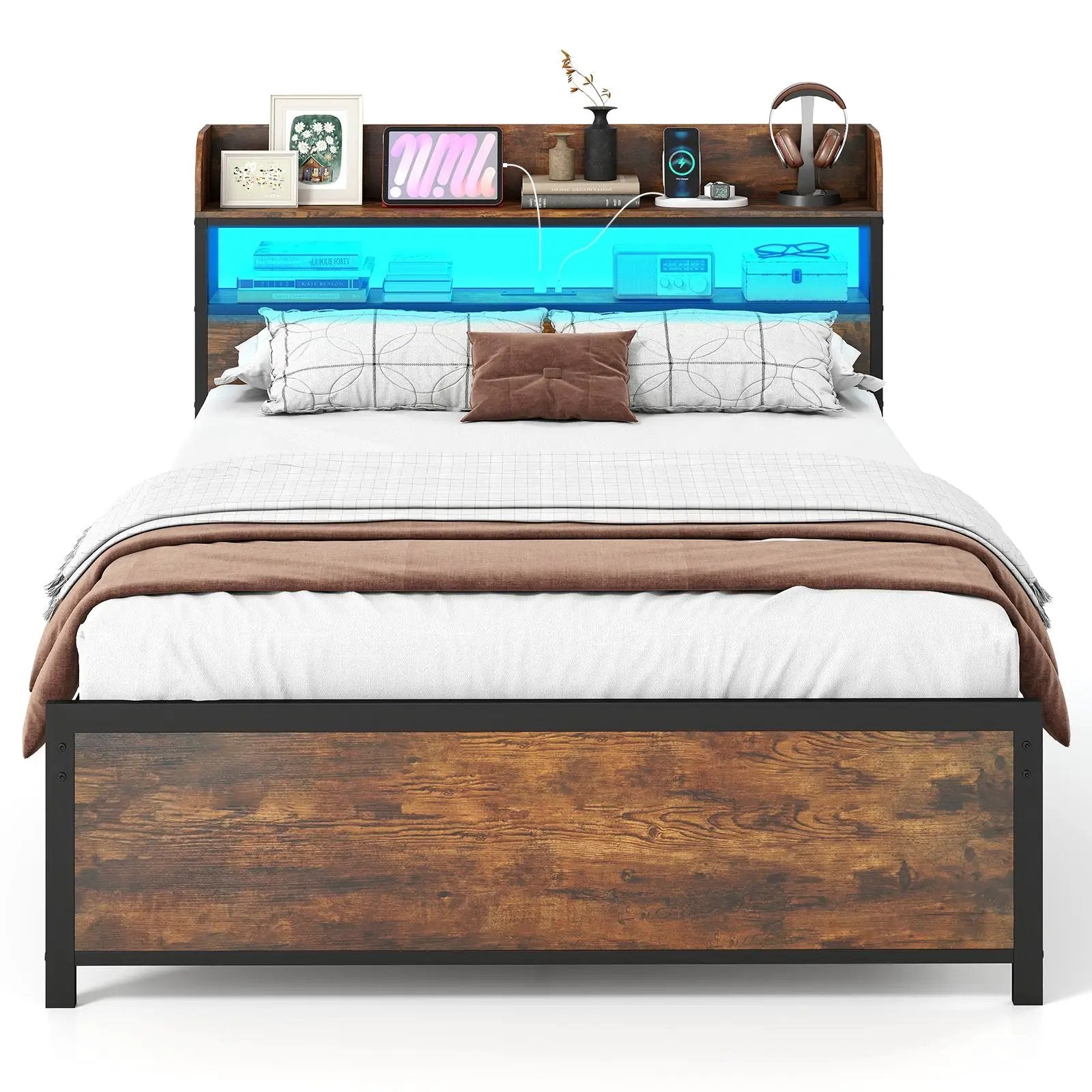 LED Bed Frame with Power Outlets and Storage Headboard-Full Size by DirectDeals