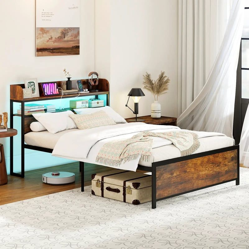 LED Bed Frame with Power Outlets and Storage Headboard-Full Size by DirectDeals