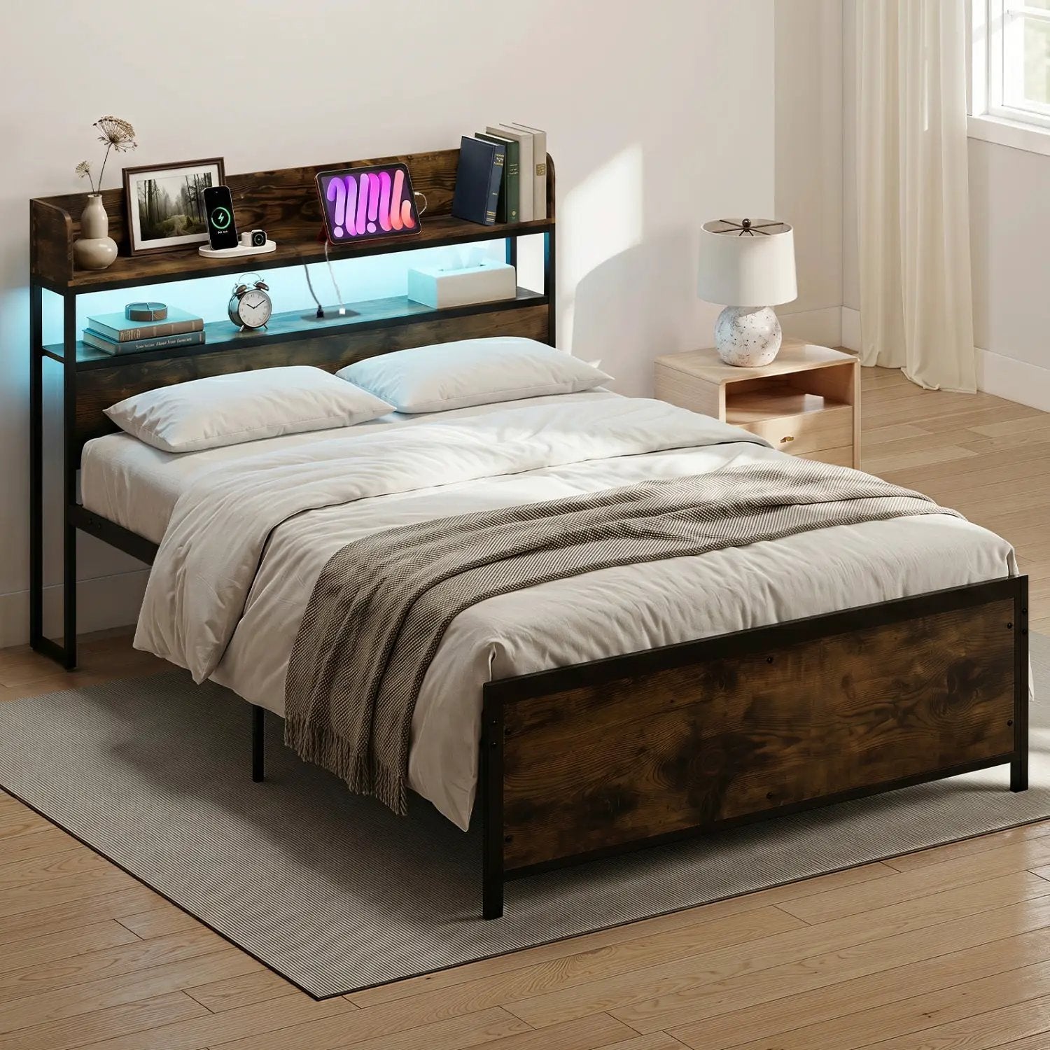 Queen LED Bed Frame with Power Outlets and Storage Headboard by DirectDeals