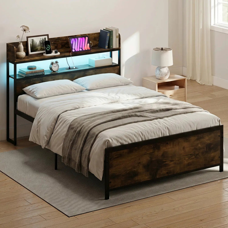 Queen LED Bed Frame with Power Outlets and Storage Headboard by DirectDeals