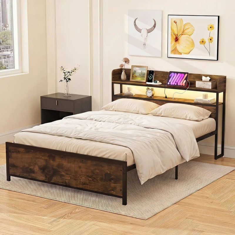 Queen LED Bed Frame with Power Outlets and Storage Headboard by DirectDeals