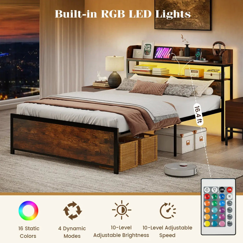 Queen LED Bed Frame with Power Outlets and Storage Headboard by DirectDeals