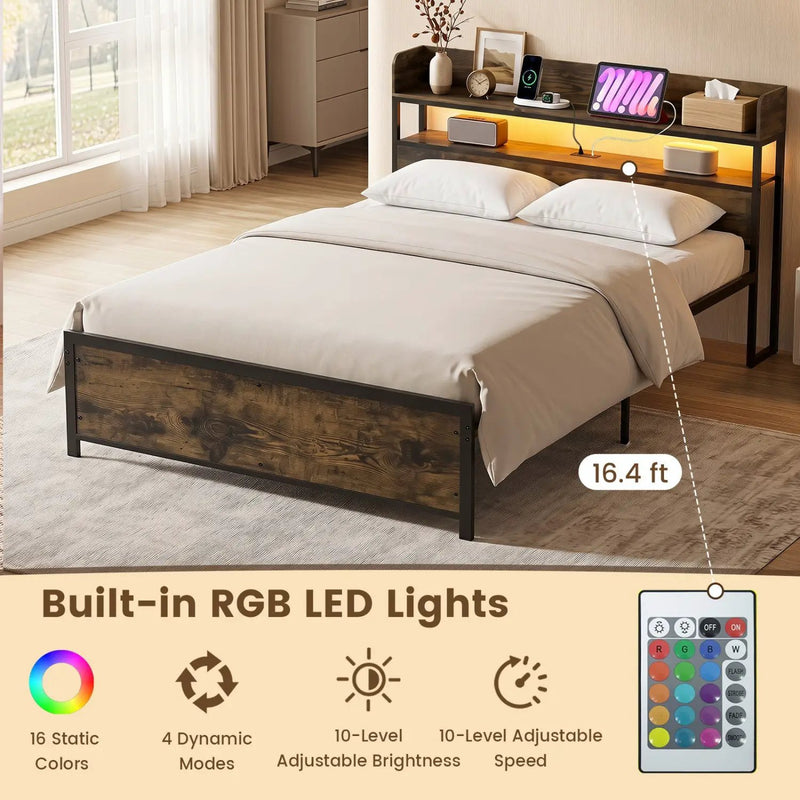 Queen LED Bed Frame with Power Outlets and Storage Headboard by DirectDeals