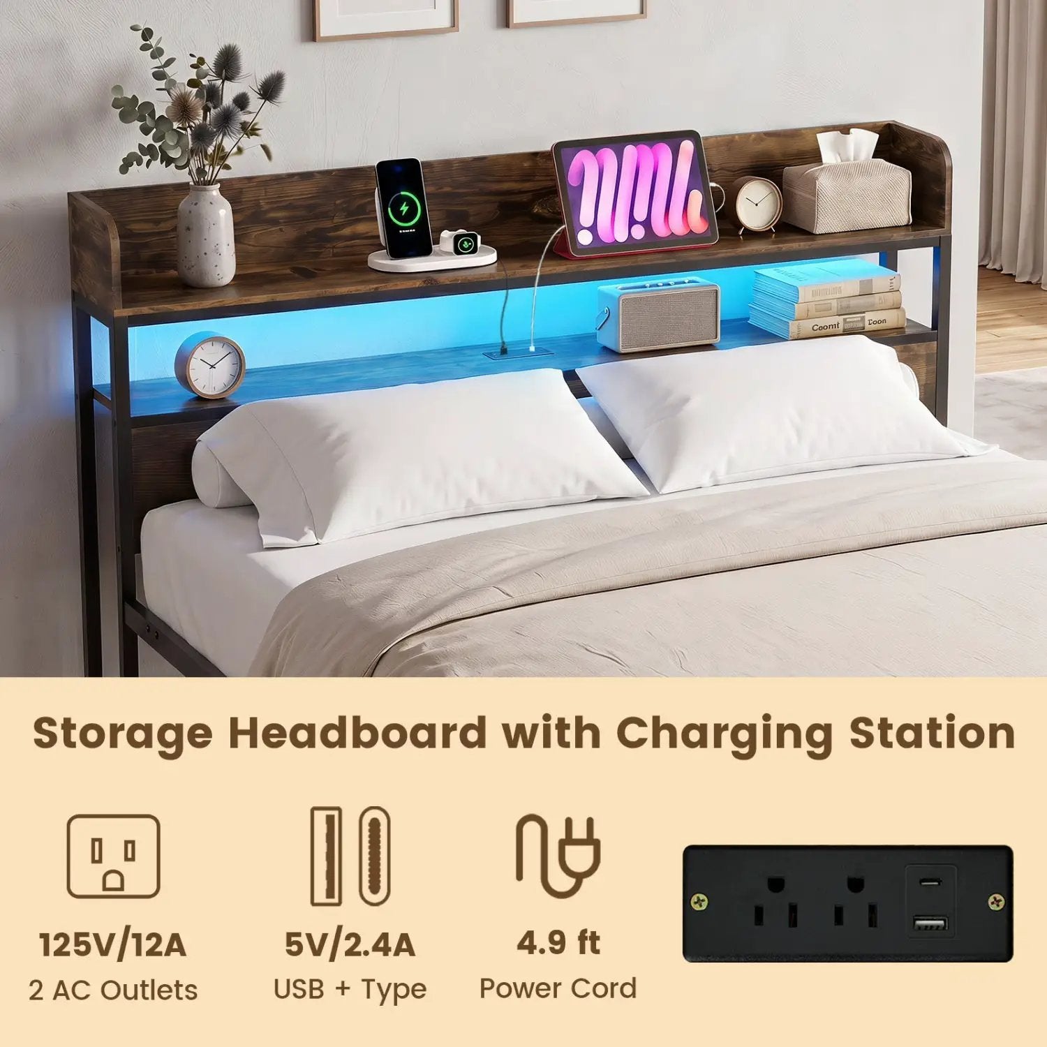 Queen LED Bed Frame with Power Outlets and Storage Headboard by DirectDeals