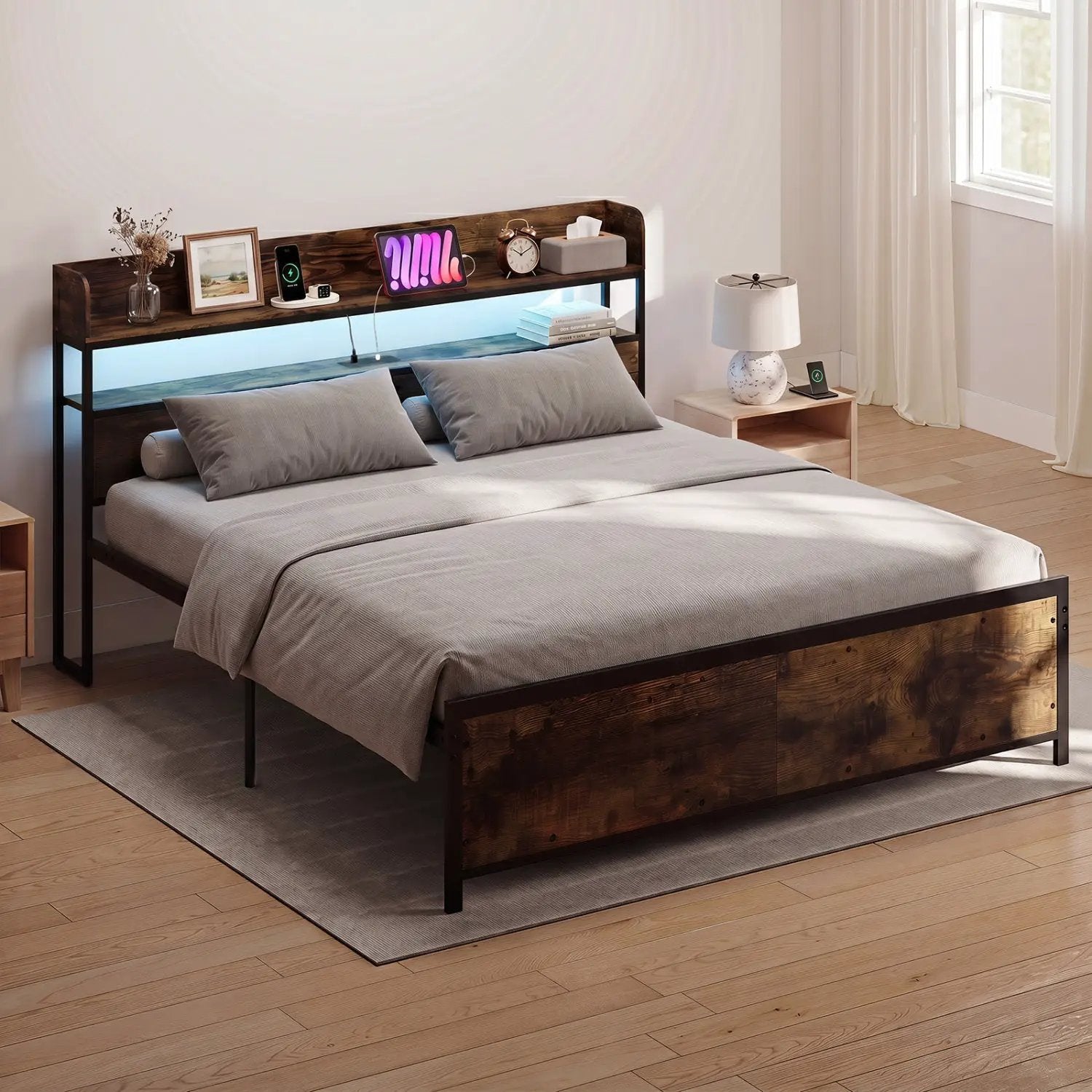 Queen LED Bed Frame with Power Outlets and Storage Headboard by DirectDeals