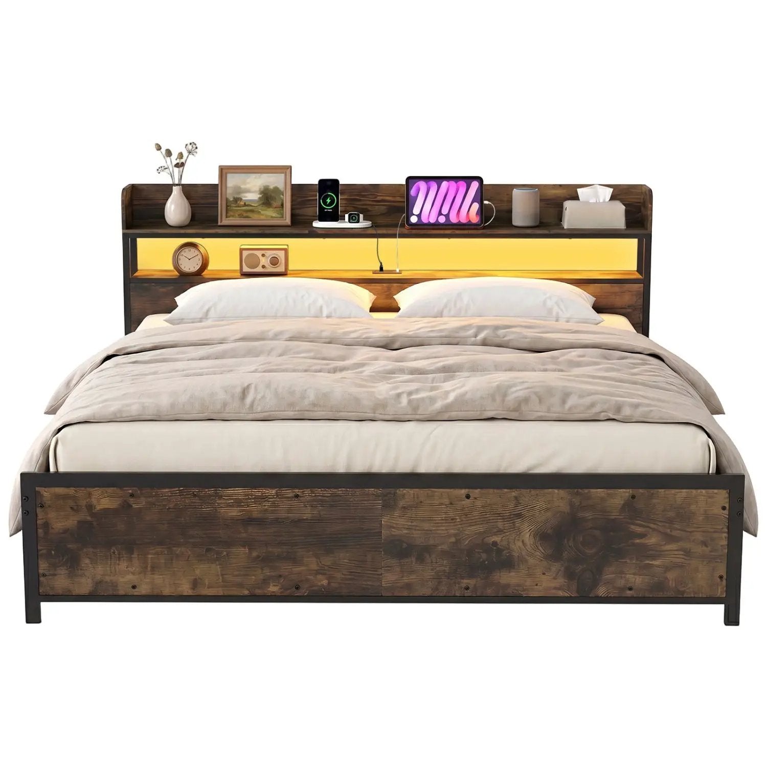 Queen LED Bed Frame with Power Outlets and Storage Headboard by DirectDeals