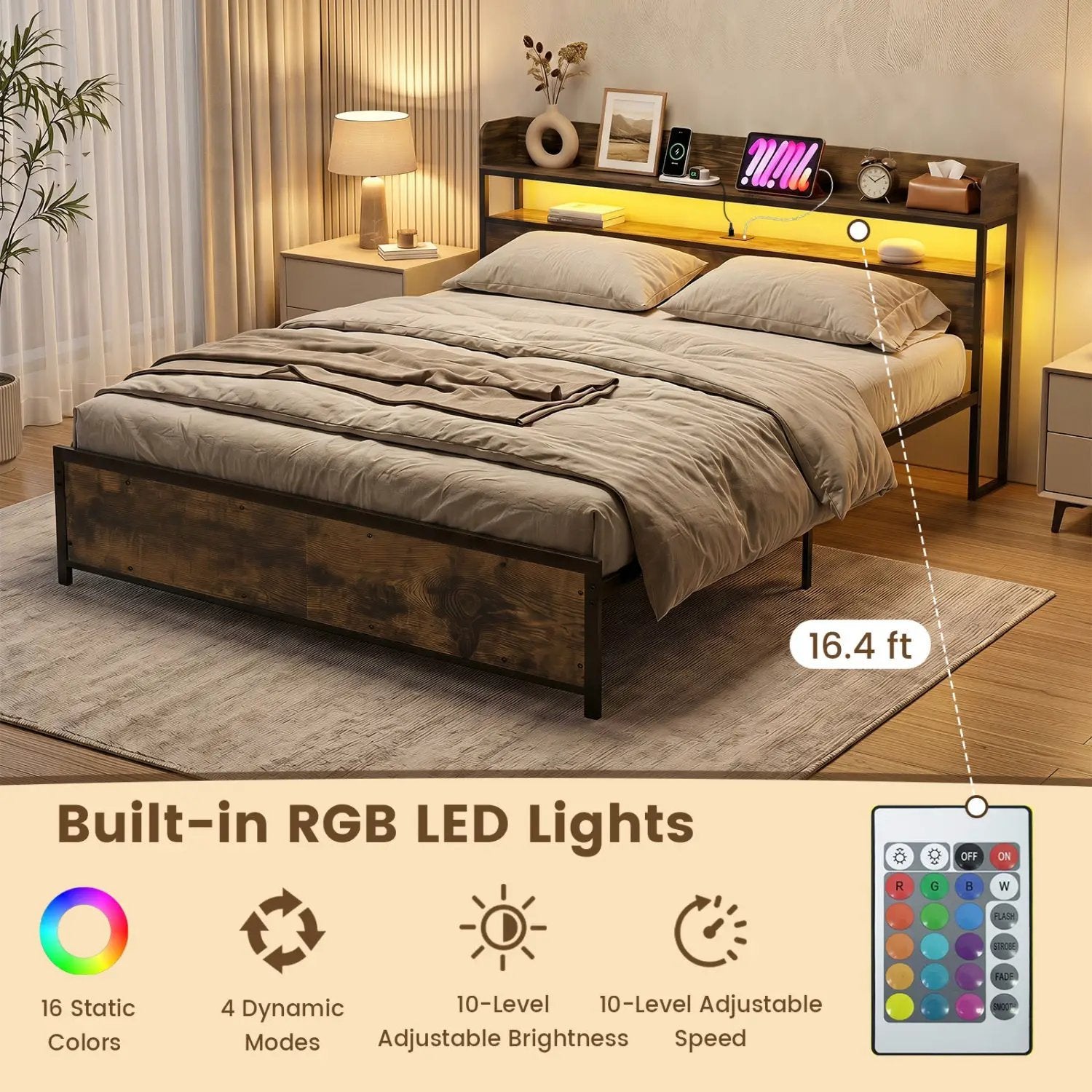 Queen LED Bed Frame with Power Outlets and Storage Headboard by DirectDeals
