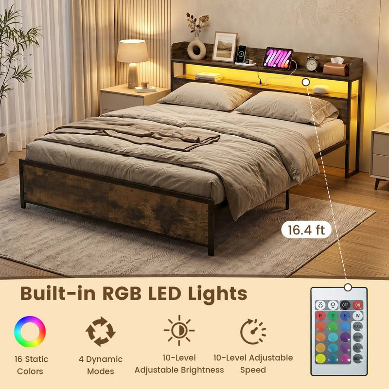 Queen LED Bed Frame with Power Outlets and Storage Headboard by DirectDeals