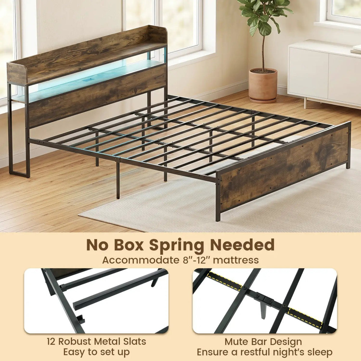 Queen LED Bed Frame with Power Outlets and Storage Headboard by DirectDeals