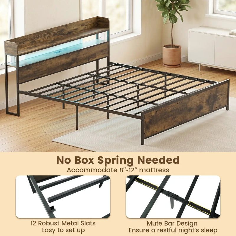 Queen LED Bed Frame with Power Outlets and Storage Headboard by DirectDeals