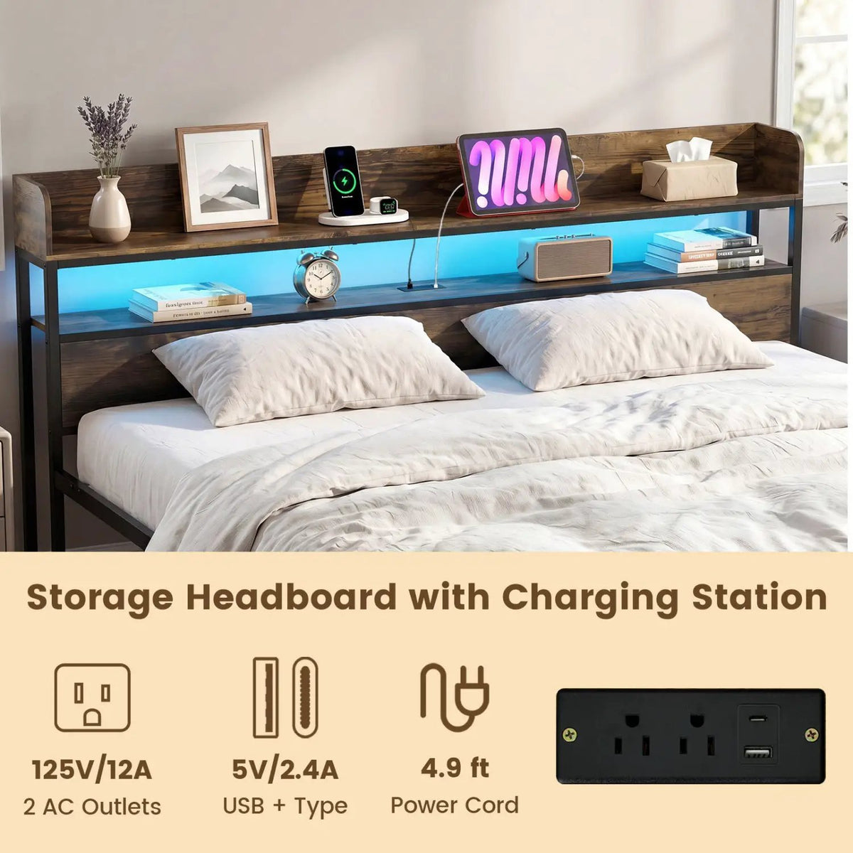 Queen LED Bed Frame with Power Outlets and Storage Headboard by DirectDeals
