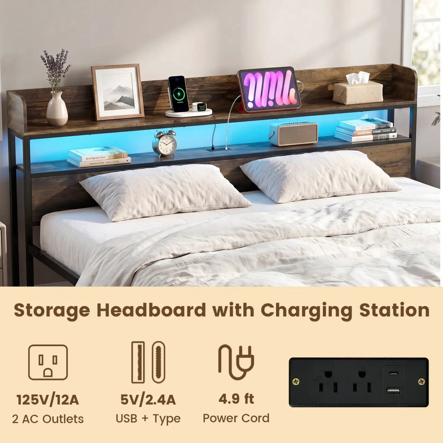 Queen LED Bed Frame with Power Outlets and Storage Headboard by DirectDeals