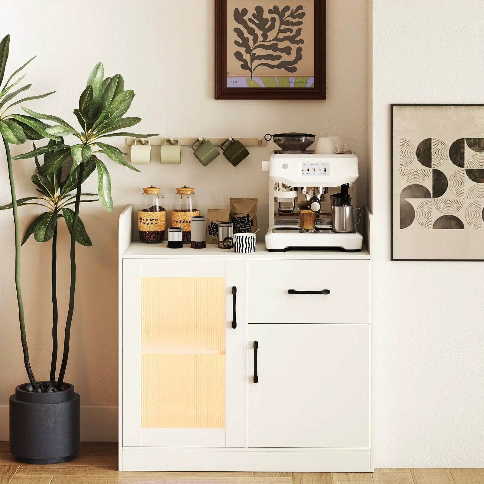 LED Buffet Sideboard with Charging Station with Drawer and Translucent Fluted Door-White by DirectDeals