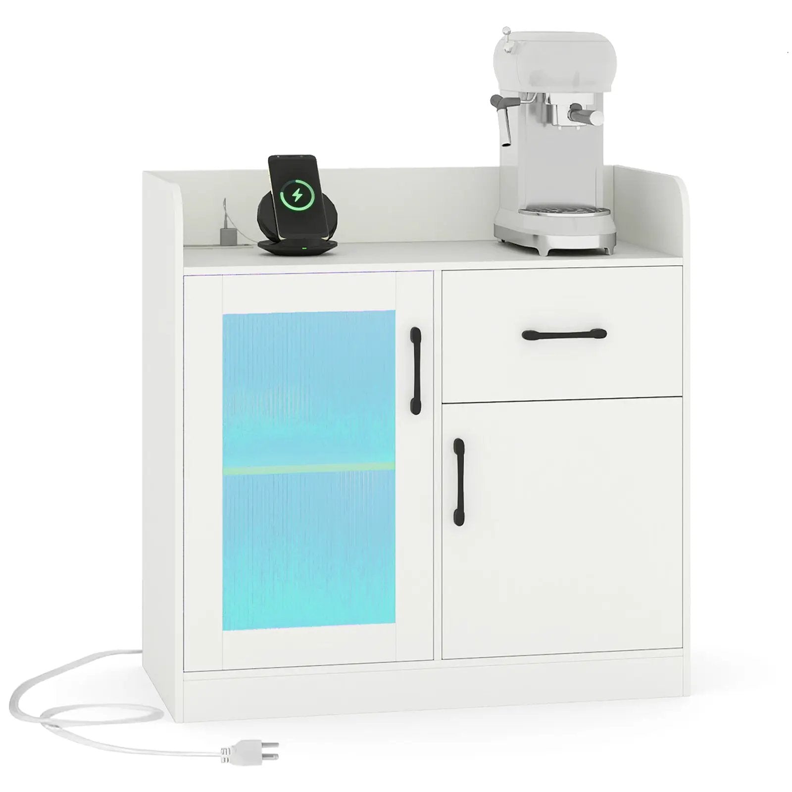 LED Buffet Sideboard with Charging Station with Drawer and Translucent Fluted Door-White by DirectDeals