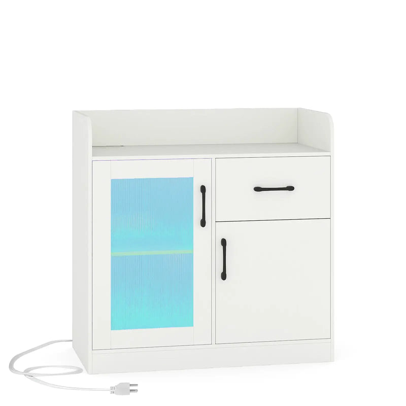 LED Buffet Sideboard with Charging Station with Drawer and Translucent Fluted Door-White by DirectDeals
