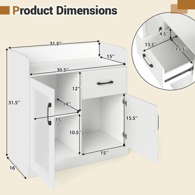 LED Buffet Sideboard with Charging Station with Drawer and Translucent Fluted Door-White by DirectDeals