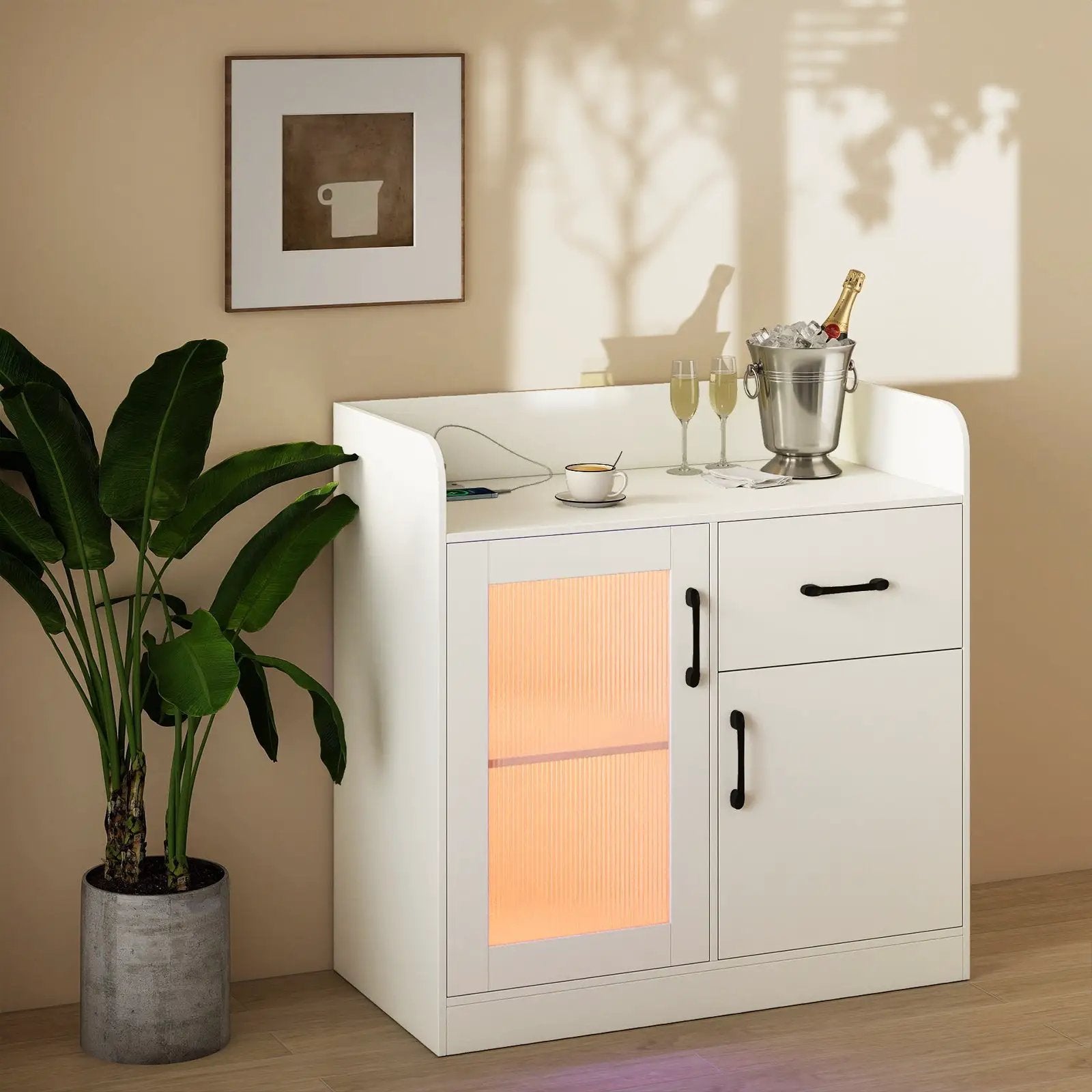 LED Buffet Sideboard with Charging Station with Drawer and Translucent Fluted Door-White by DirectDeals