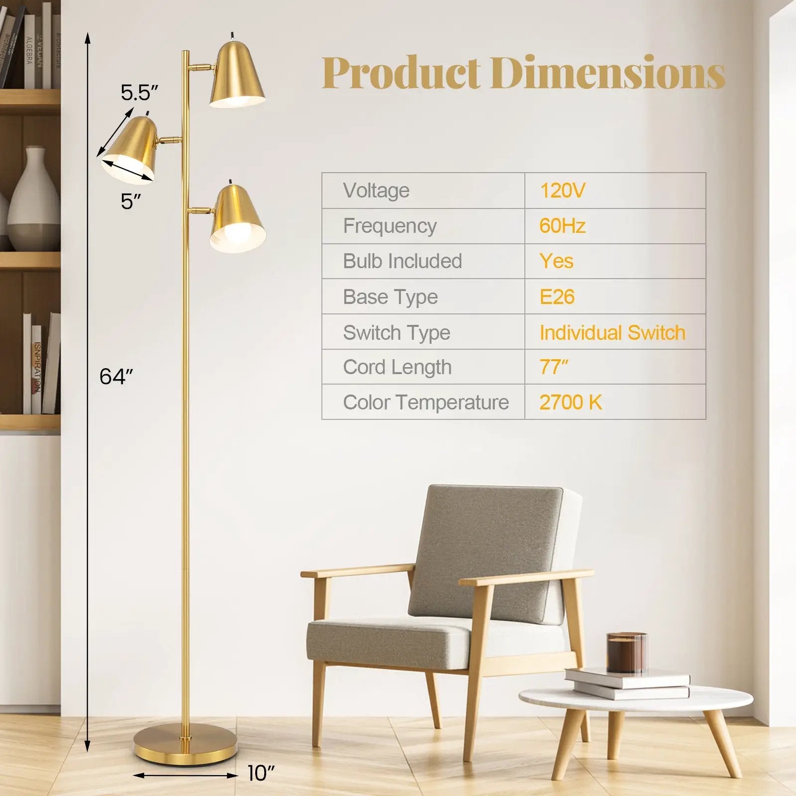 64 Inch 3-Light LED Floor Lamp Reading Light for Living Room Bedroom by DirectDeals