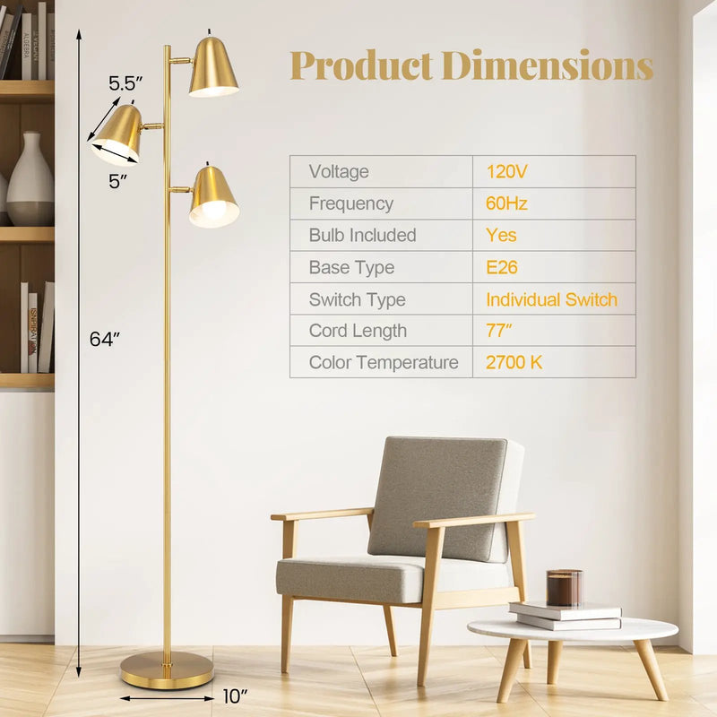 64 Inch 3-Light LED Floor Lamp Reading Light for Living Room Bedroom by DirectDeals