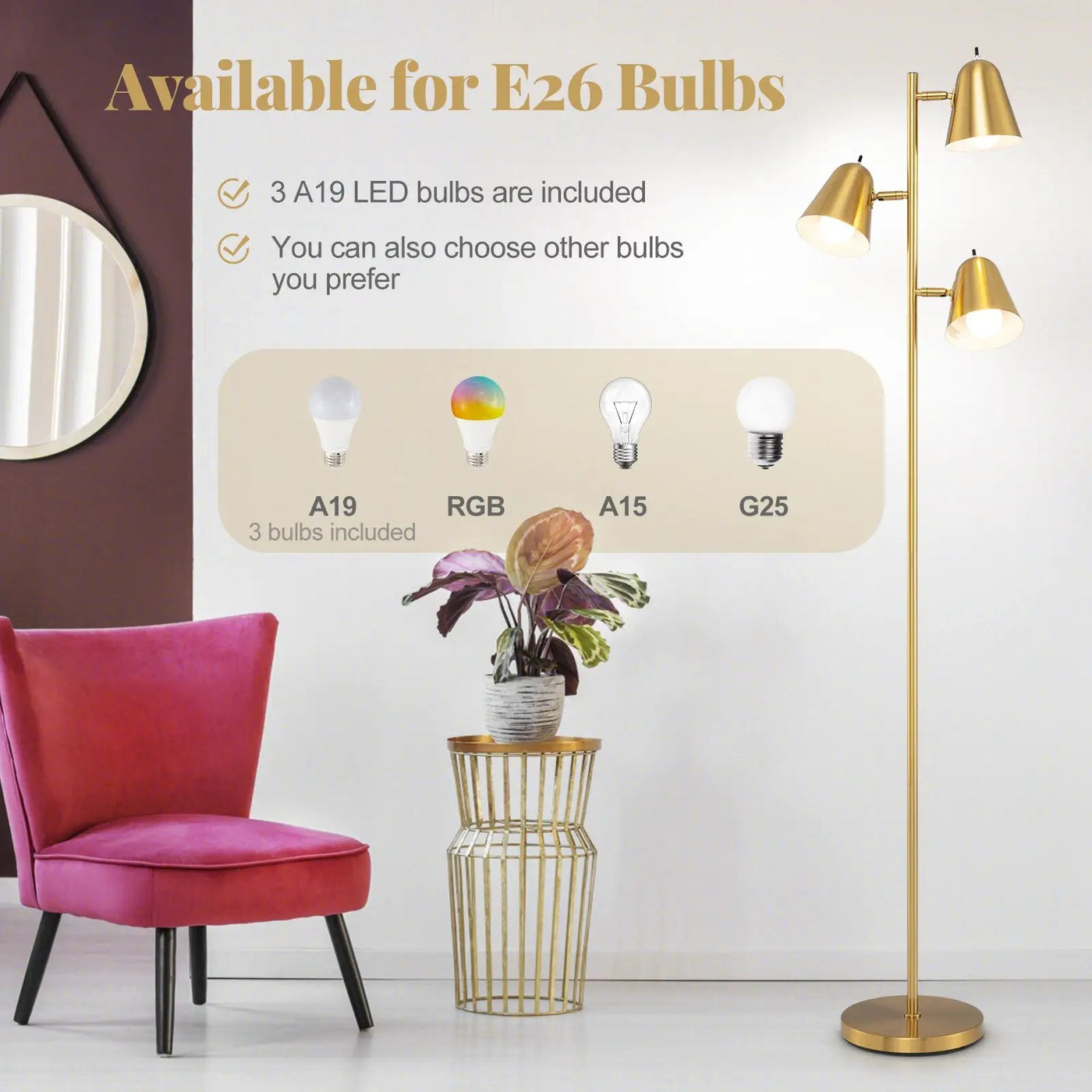 64 Inch 3-Light LED Floor Lamp Reading Light for Living Room Bedroom by DirectDeals